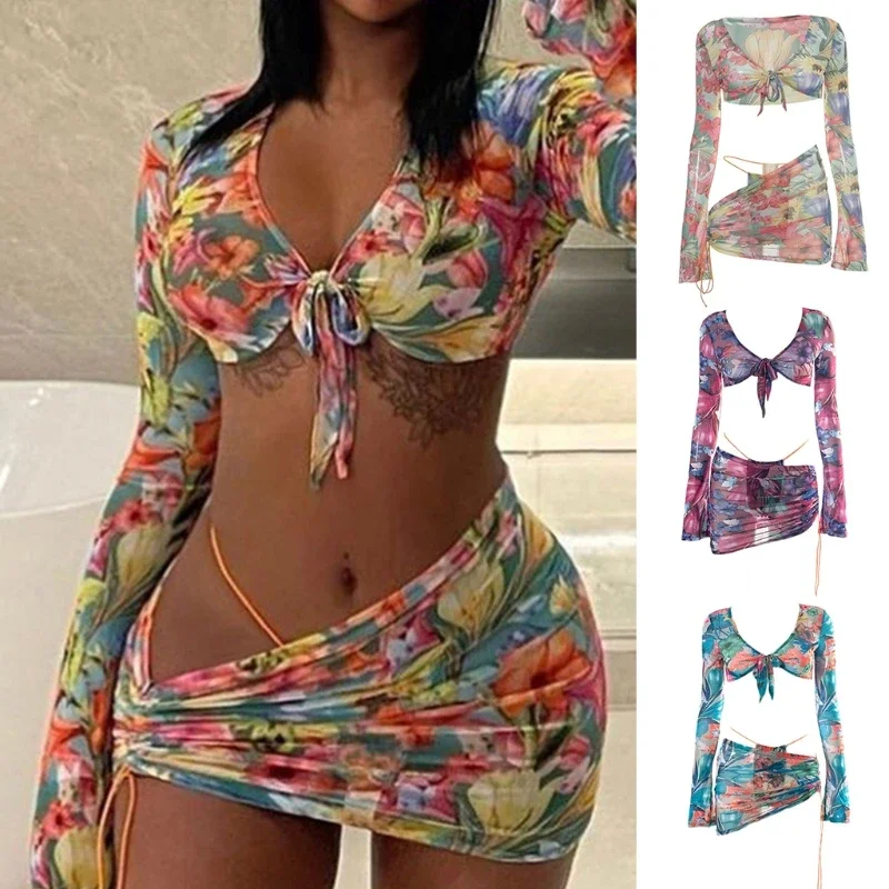 

Women Sexy Floral Print Mesh 3 Pieces Set Long Sleeve Tie Knot Front Crop Top with Thong Side Drawstring Ruched Mini Skirt