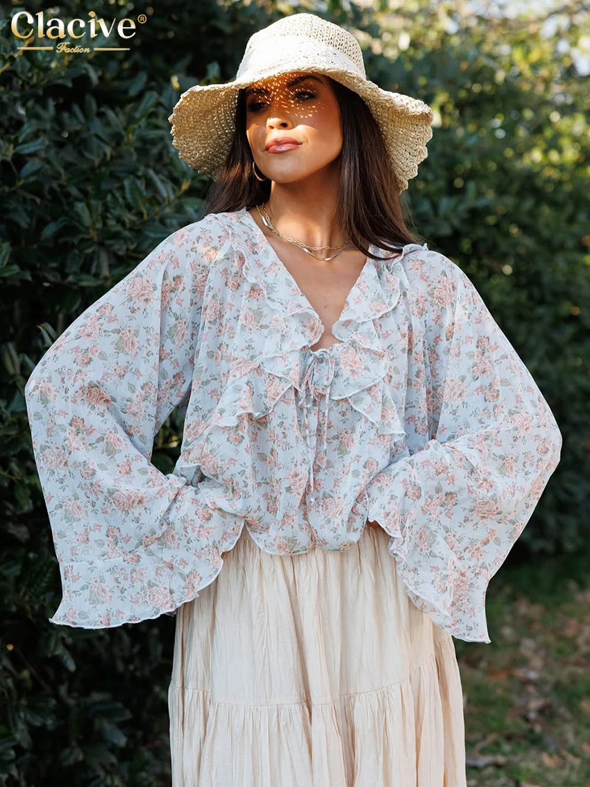 

Модная женская блузка Clacive свободного кроя с принтом, весна 2026, с V-образным вырезом, длинным рукавом, элегантная классическая рубашка с рюшами, женская одежда