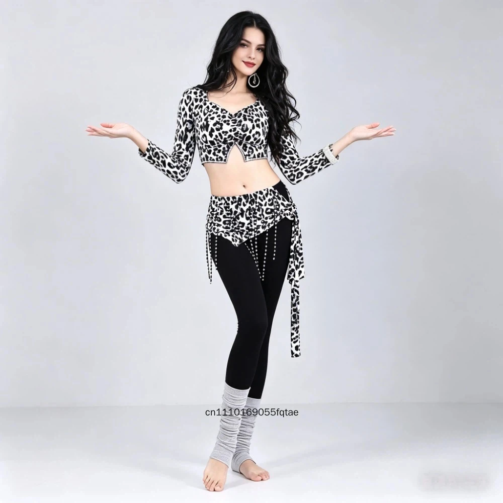 

Женский костюм для восточных танцев с леопардовым принтом, топ с длинными рукавами, профессиональный комплект для тренировок и выступлений по восточным танцам.