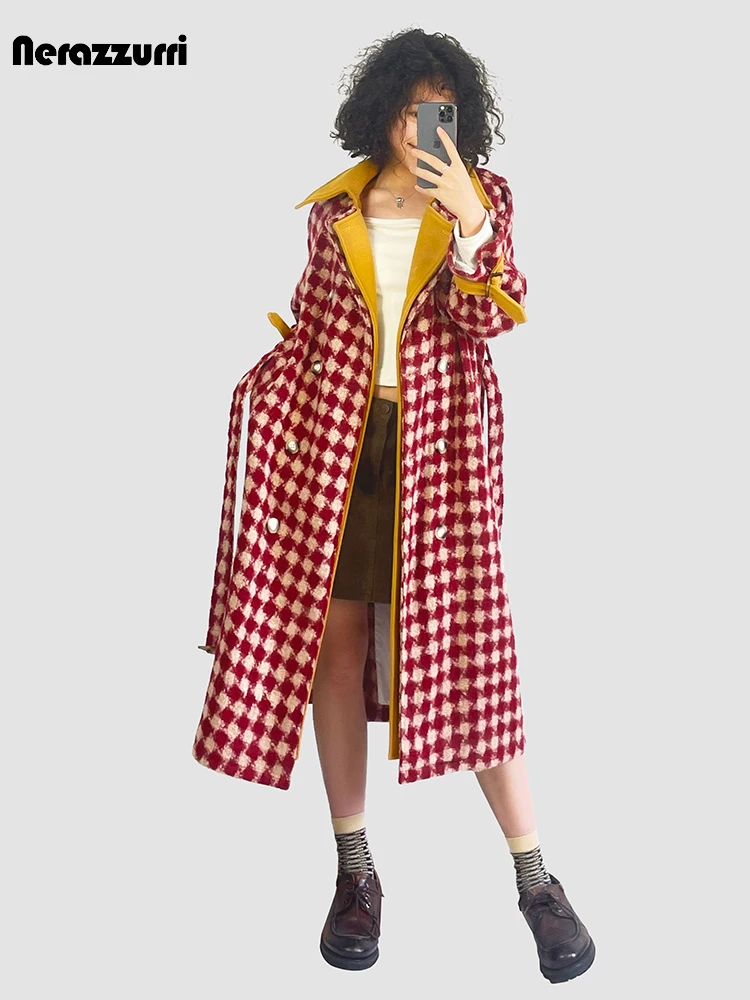 Lautaro Autumn Winter Long Warm Thick Colorful Plaid Patchwork Woolen Coat Women Sashes Luxury Chic Wool & Blends Overcoat 2024