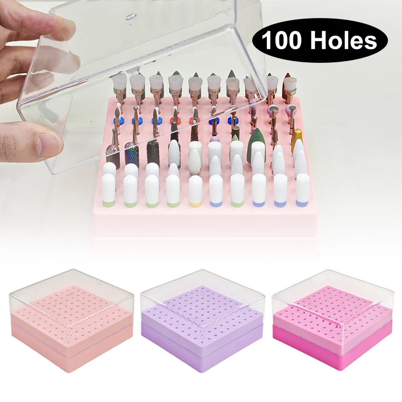 

100 Holes Nail Art Drill Storage Box Grinding Polish Head Bit Holder Display Nail Drill Bits Organizer Plastic Nail Stand