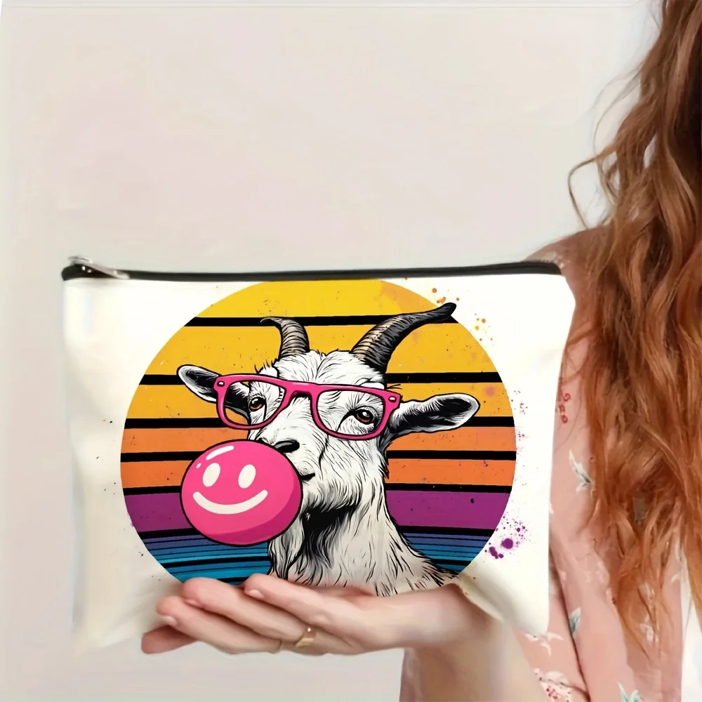 A Glasses-wearing goat and pink bubble gum makeup bag - multifunctional zipper pouch, jewelry storage bag, perfect travel zipper
