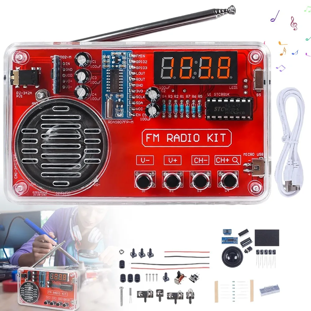 Le kit audio de bricolage pour haut-parleur 3W, radio FM à double alimentation, boîtier en acrylique transparent, avec prise casque 3,5 mm, kit d'apprentissage électronique, pratique pour la soudure, est un cadeau d'anniversaire exceptionnel pour les pères, les copains ou les passionnés de musique.