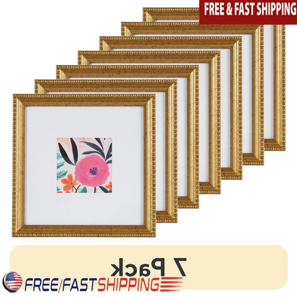 

7 Pack Antique Gold Beaded Tabletop Picture Frame 8x8 Holds 4x4 Photo with Mat Wall Hanging Display Elegant Home Decor