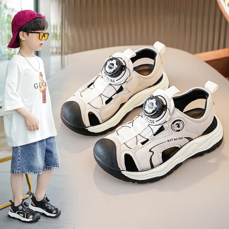 

2025 Summer Children's Sandals Fashion Soft Leather Anti Slip Boy's Sports Sandals Rotating Button Kid's Casual Beach Shoes
