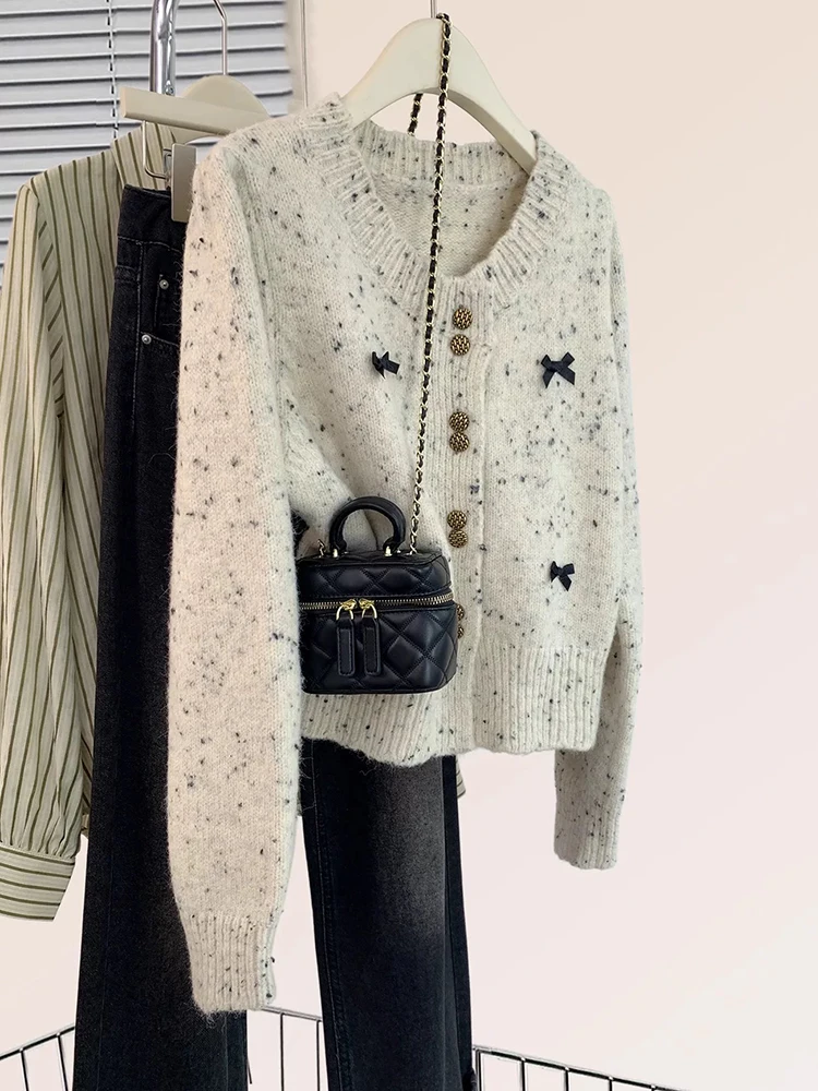 

Bow Knitted Cardigan Women's Fashion Design O-Neck Sweater Jacket Autumn New Chic Buttons Casual Loose Sweater