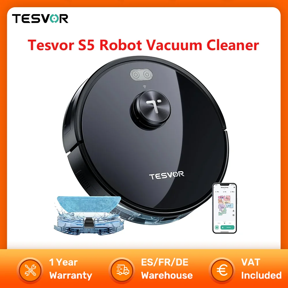 TESVOR-Robot aspirador S5, aspiradora con succión de 3000Pa, navegación LiDAR, batería de 2600mAh, 180 minutos de tiempo de funcionamiento, fregado,