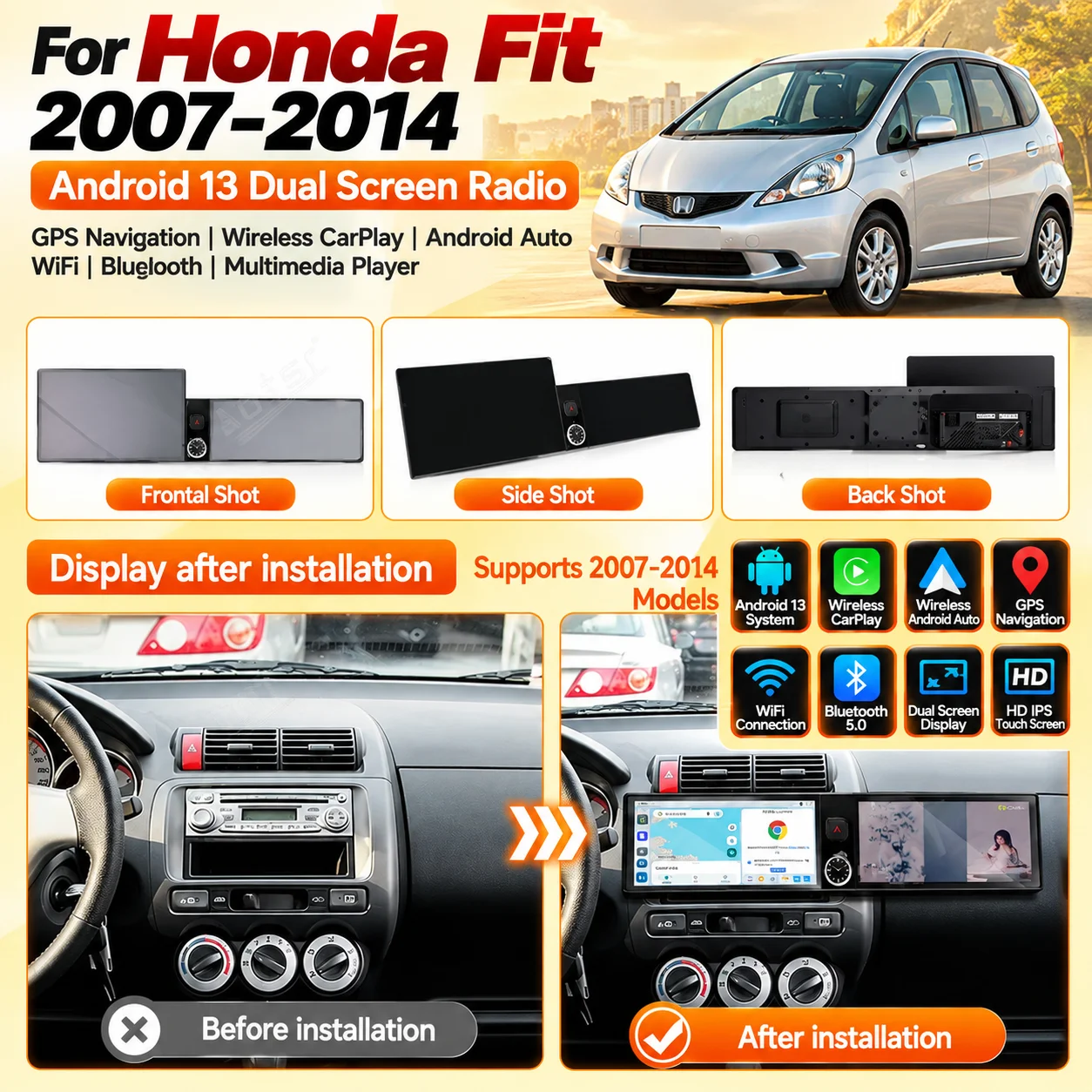 GPS Navigation Qualcomm Android 13 Multimedia Car Radio For Honda Fit 2007-2014 Dual Screen Stereo Receiver Player