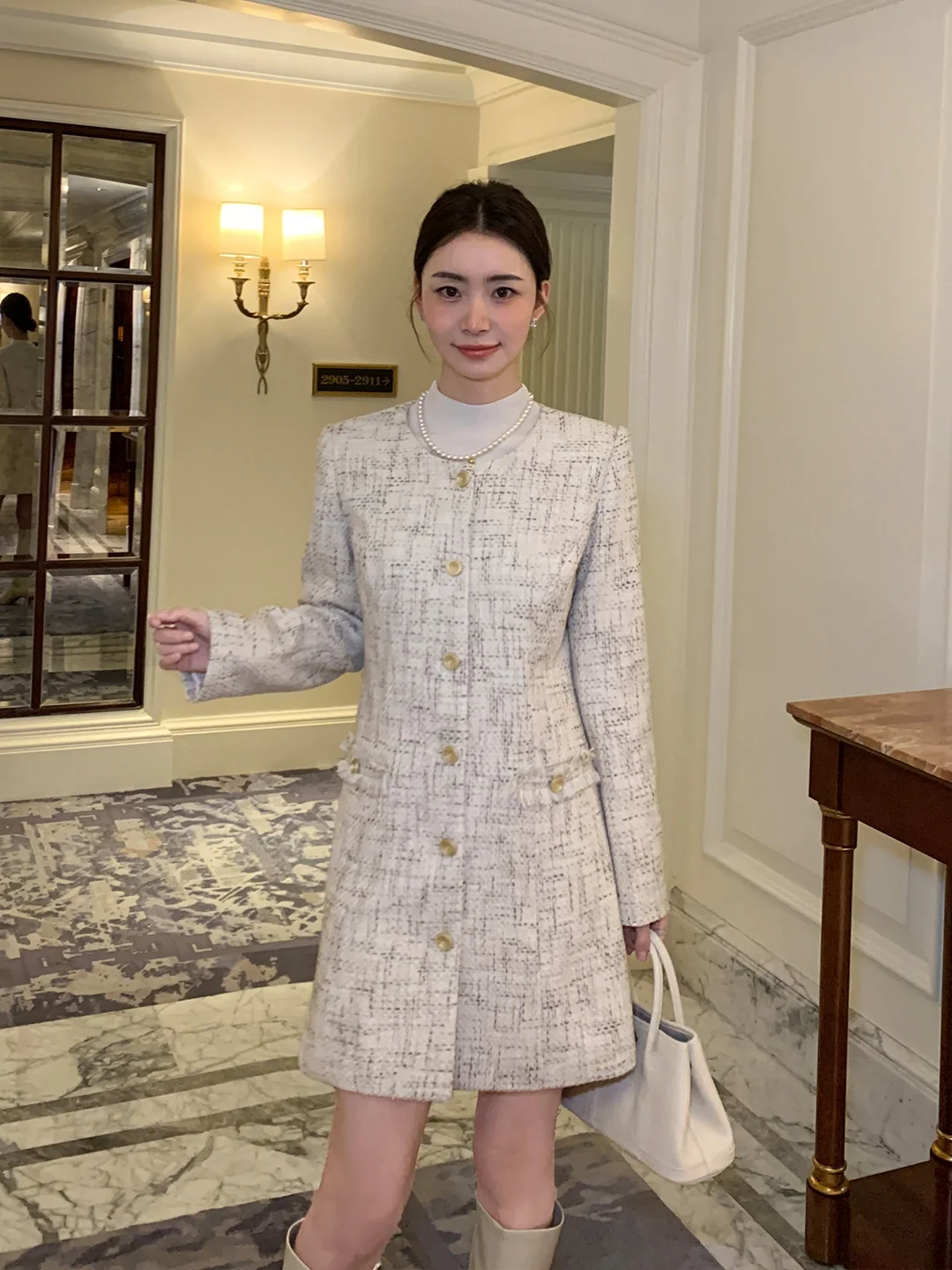 

Ele Small Fraance Sle Dr Women's Waist-Cinching Woolen Skirt Long Sve round Ne Daily Wear Single Button