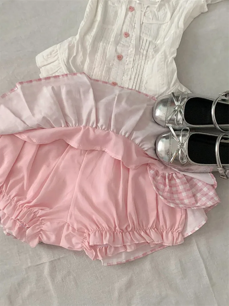 핑크 체크 버블 슬리브 매듭 탑과 스커트 세트 여성용 패셔너블한 대학 스타일 투피스 여름 의상...