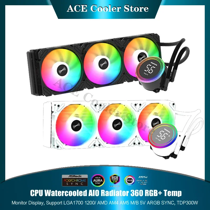 

CPU Water Cooled Radiator 360 + Temp. Monitor Support LGA 1700/1200/115X/2011/2066/AM5/AM4/AM3 AMD Watercooler RGB