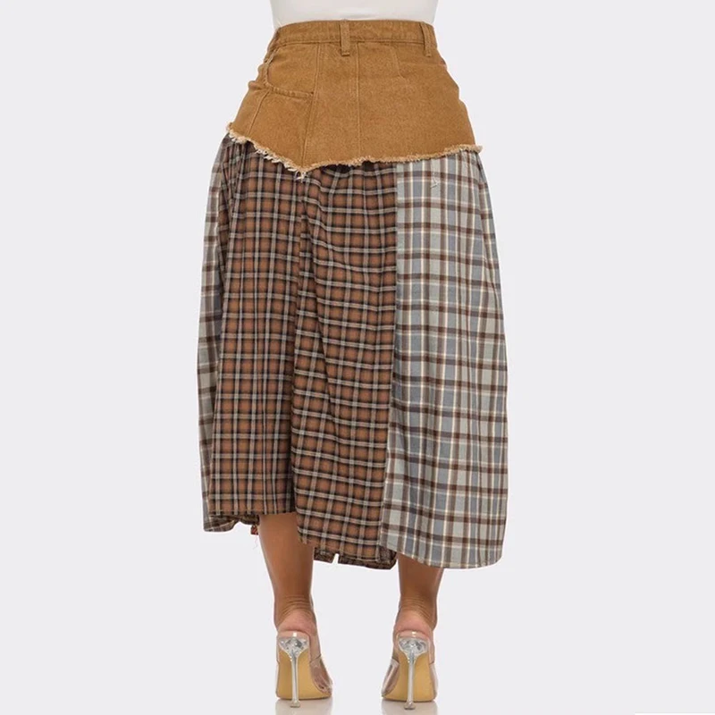 DEAT Women's Fashion Plaid Splice Denim Skirts 2025 Spring New Items Button Design Contrast Color A-line Skirt Female 11A02462