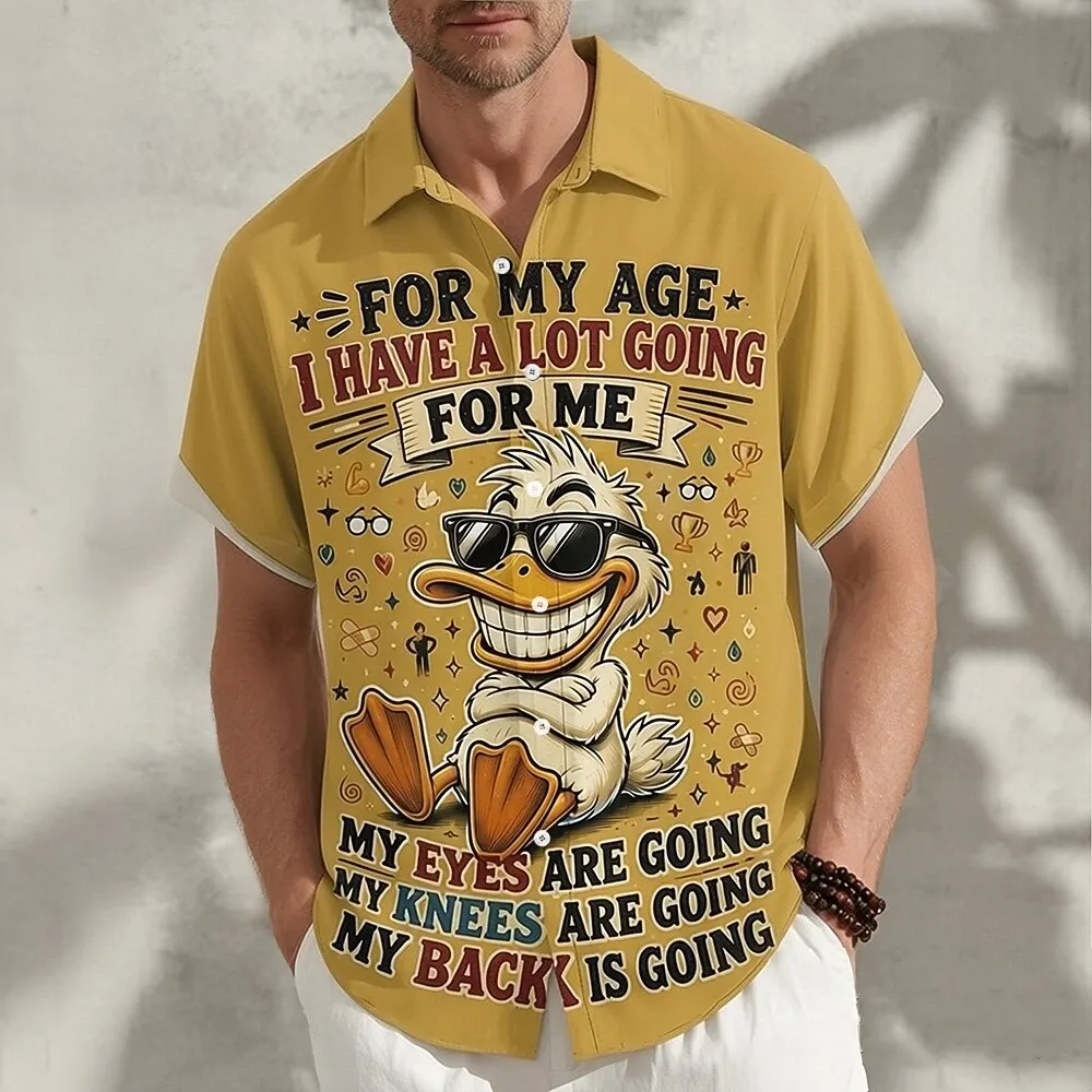 

Men's Turndown Collar Short Sleeve 3D Funny Duck Cartoon Print Button Up Shirt, Casual Wear for Spring Summer Daily Outdoor