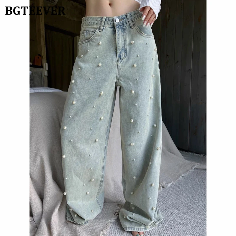 BGTEEVER Vintage High Waist Loose Beading Wide Leg Denim Trousers for Women Summer Pockets Female Straight Jeans