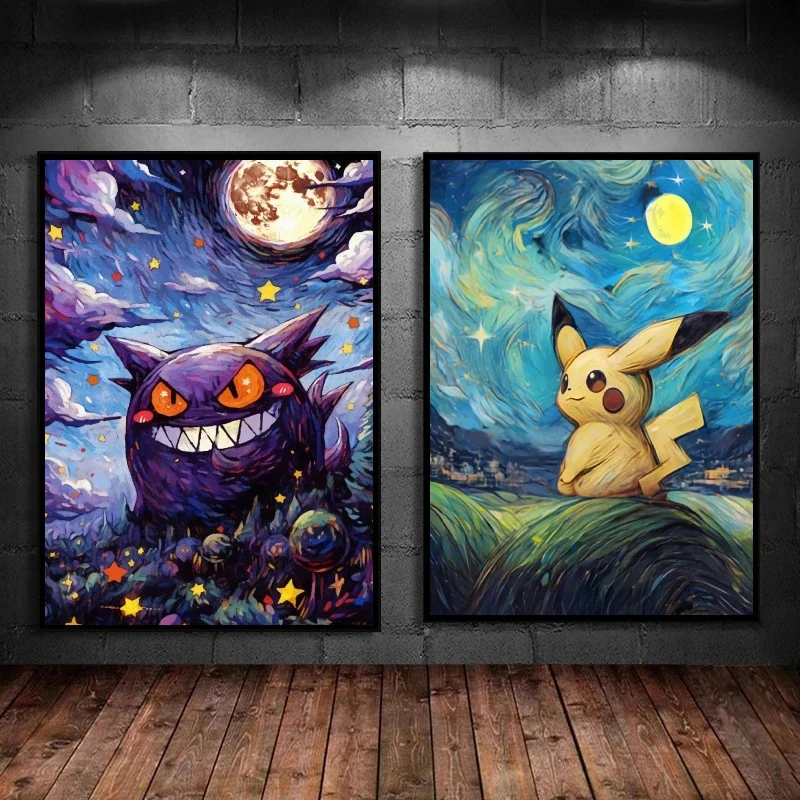 Van Gogh - Style Pokemon Decorative Paintings - Pikachu   Gengar in Starry Night Art Unique Wall Art for Home Decor