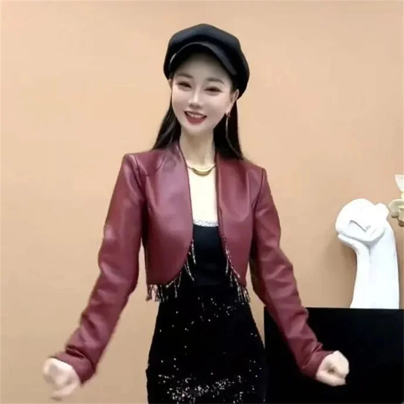 Fashion Tassel Long Sleeved Coat Short Red Black Leather Jacket for Women 2026 Spring Autumn New Small Fragrant Style Top