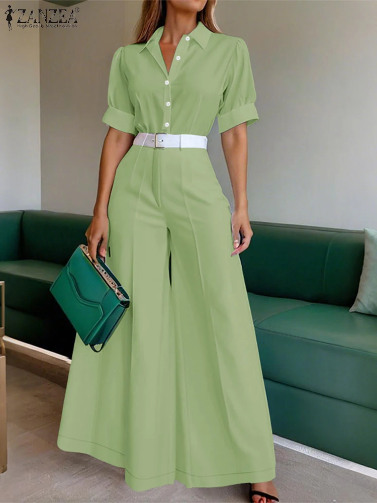 

ZANZEA Street Fashion Women's 2 Pieces Pant Sets Short Puff Sleeve Shirts & Wide Leg Pants 2pcs Suits Trendy Woman Outfits 3XL