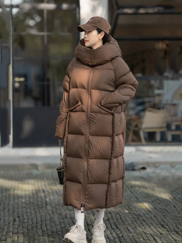 Winter 90 White Duck Down Long Hooded Down Jacket for Women Maillard -15° Thick Warm High-quality Solid Knee Length Down Jacket