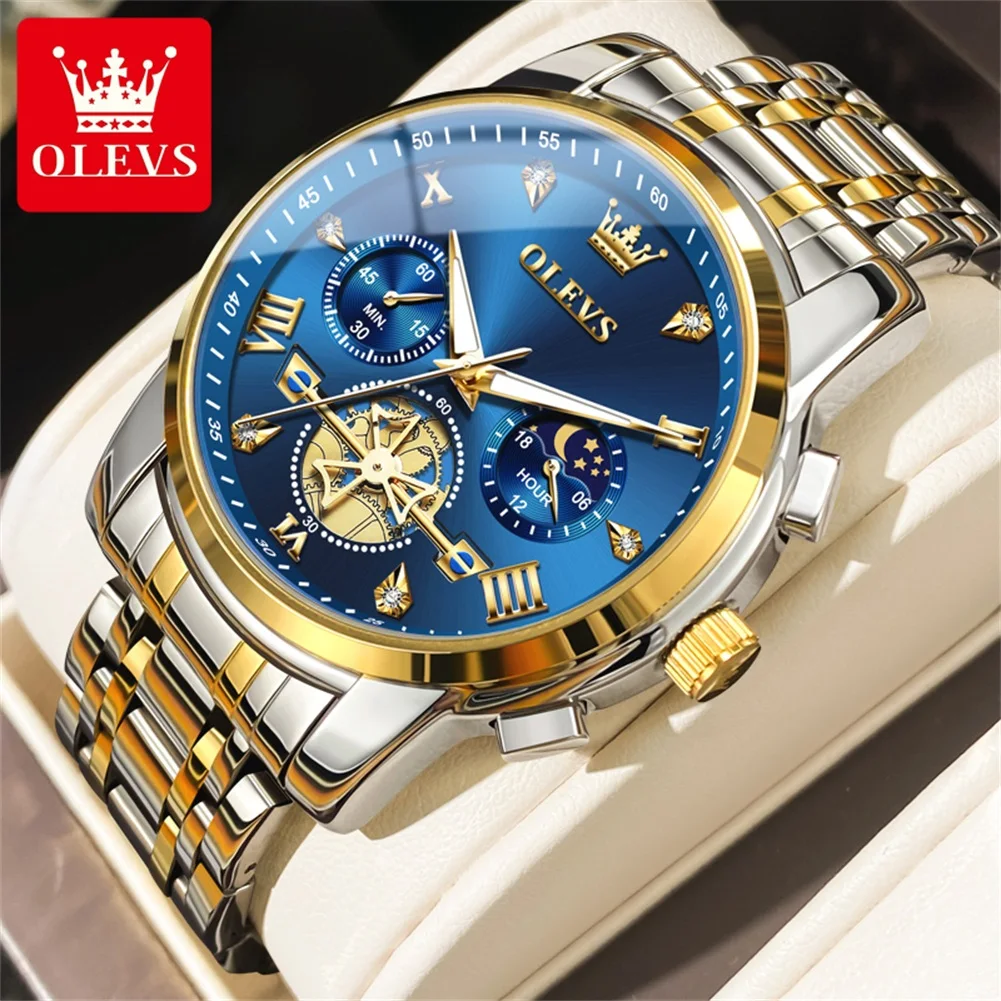 OLEVS 2856 Mens Watches Original Classic Multifunctional Chronograph Quartz Wristwatch Moon Phase 24 Hour Waterproof Mens Gifts