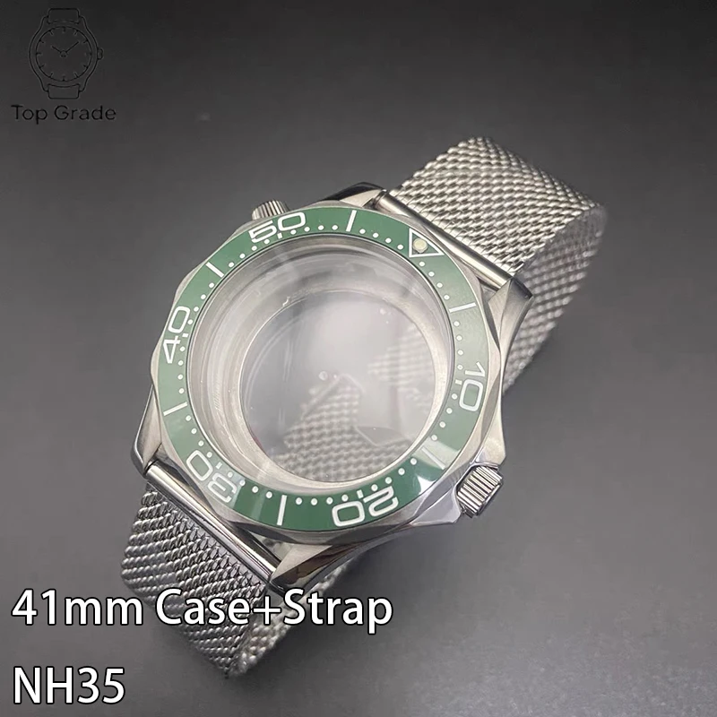 

TG NH35 316L Stainless Steel Case 41mm Case+Mesh Watch Strap MNineral Magnifying Glass Case Fit NH35/NH36 Movement