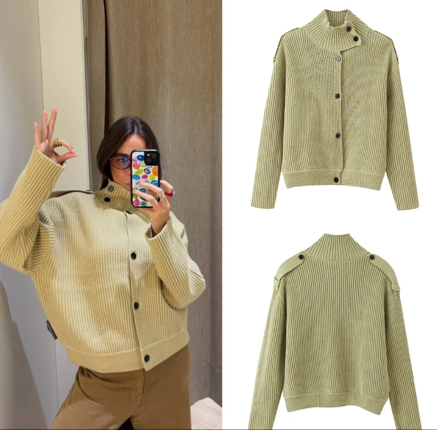 Autumn New Women Fashion Solid Sweaters Jacket Lapel Metal Button Waist Cinching Long Sleeve Knitted Cardigan Street Wear