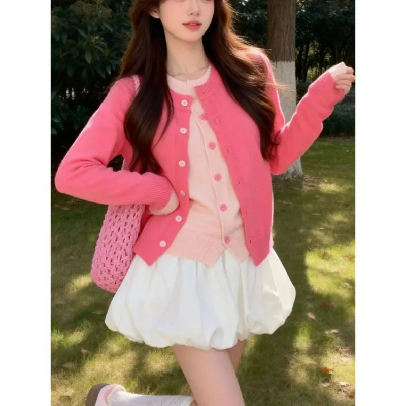 Spring and Autumn New Sweet Pink Fake Two Knitted Cardigans for Women Fashionable Simple and Comfortable Outerwear Women’s Wear