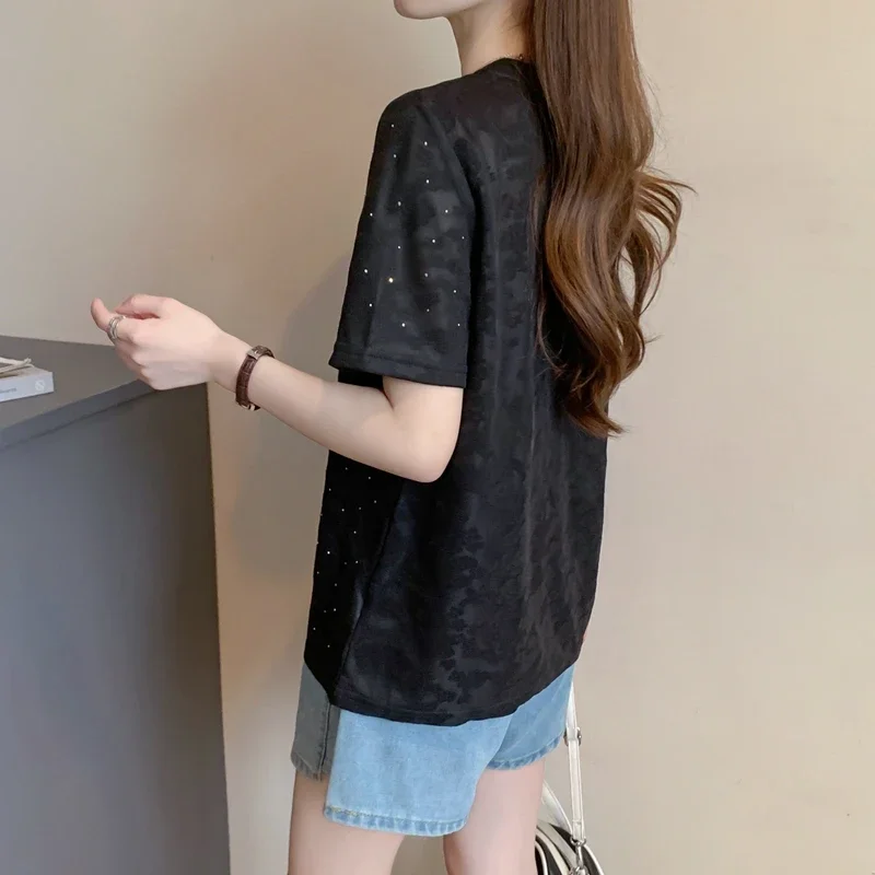 Summer New Comfortable Loose Slim Jacquard Chic Heavy Industry Hot Diamond Round Neck Breathable Short Sleeve T-shirt