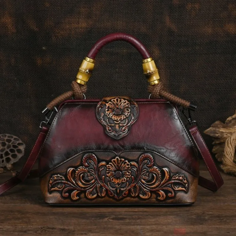 Borsa di lusso Johnature 2024 nuova borsa da donna vintage intagliata in pelle fatta a mano borse a tracolla e a tracolla femminili versatili