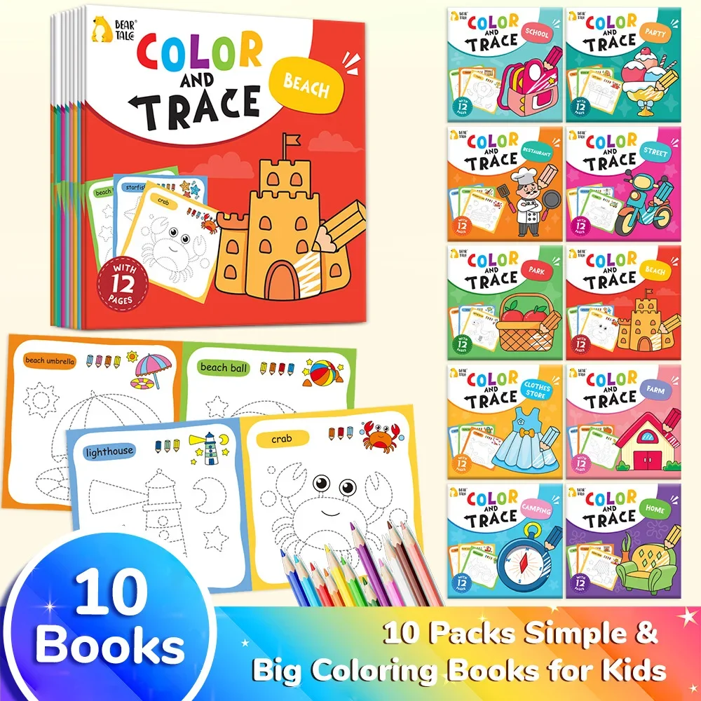10 Book Set, Children's Coloring Book To Enhance Cognitive Thinking, Including 10 Cartoon Themes for Boys and Girls