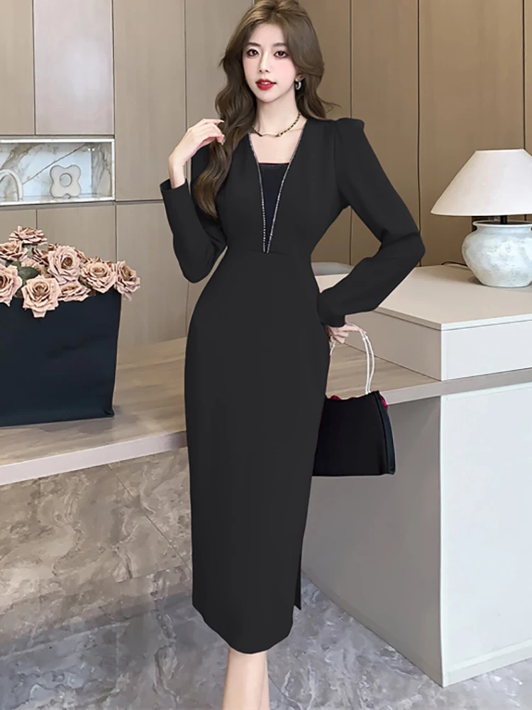 Women Red Patchowrk V-Neck Casual Long Dress 2024 Elegant Bodycon Office Lady Dress Autumn Winter Korean Vintage Luxury Vestidos