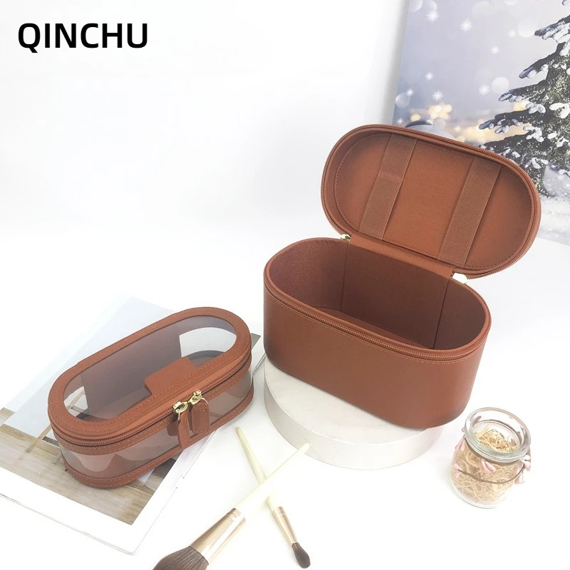 QINCHU Double layer Makeup Bag Transparent Dry Wet Separation Wash Bag Portable Travel Handheld Storage Box