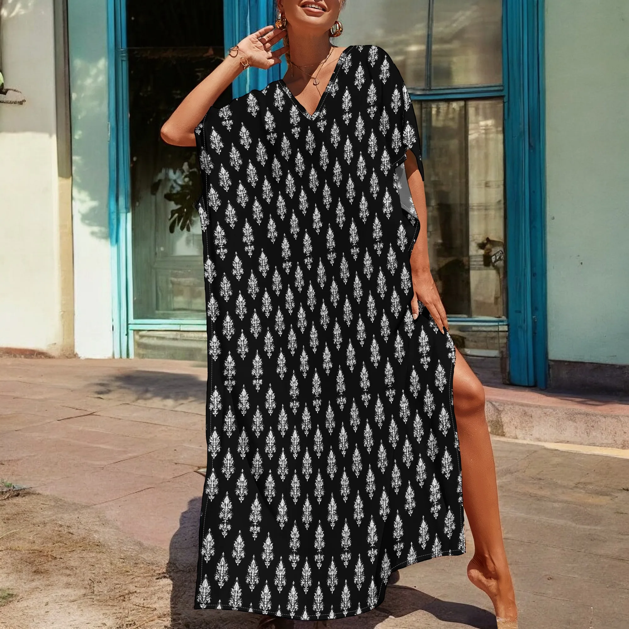 

Tribal Print Plus Size Kaftan Maxi Dress for Women S-3XL Black White V-Neck Holiday or Cultural Wear