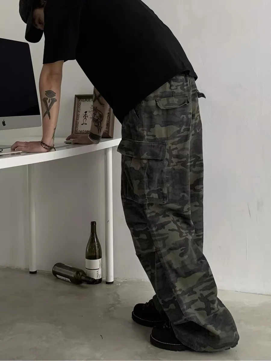 

Loose Fit Camouflage American Retro Work Pants Men's Casual Japanese Trendy Brand Wide Leg Cargo Straight Leg Pants