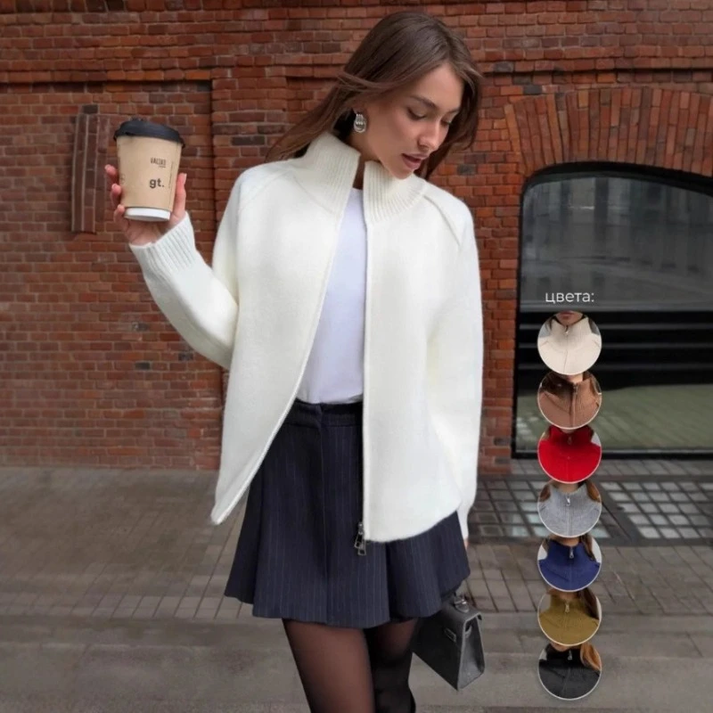 Solid Standing Collar Women's Cardigan Sweater Knitted Thicken Zipper Women's Sweater Fashion Loose Spring Autumn Women's Coat
