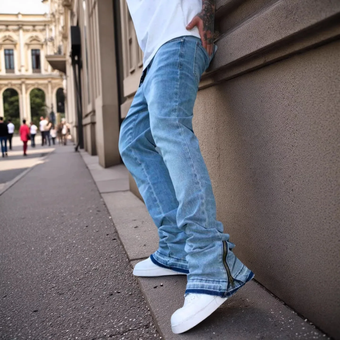 Mens Washed Light Blue Jeans Loose Straight Leg Bell Bottom Pants High Street Fashion Casual Trousers view 3