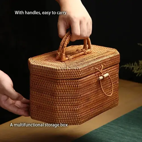 Handwoven Rattan Storage Box with Handle Wicker Ornament Box Tea Set Container Picnic Bread Fruit Cake Basket Kitchen Organizer - Image 5