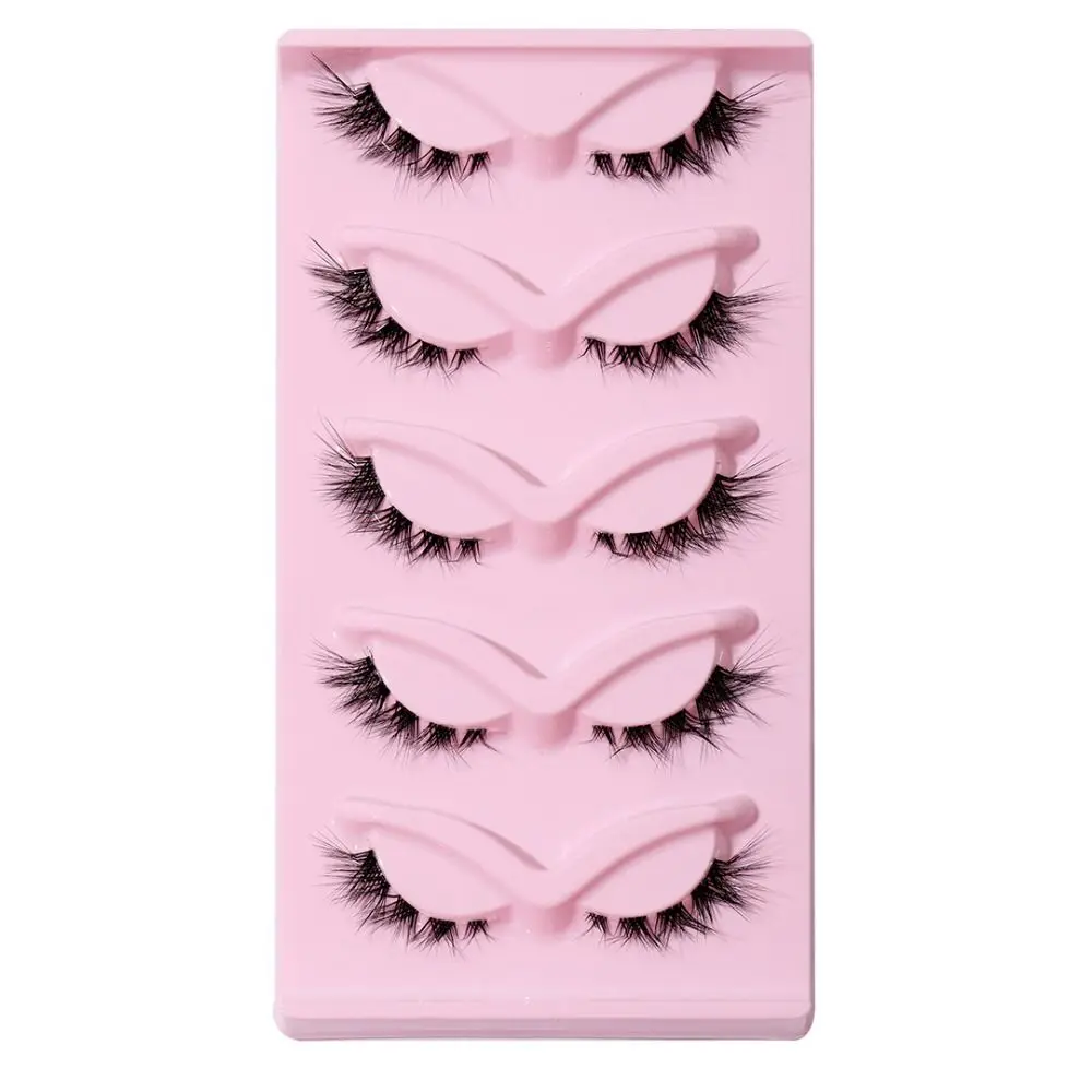 

5 Pair 3D L Curl False Eyelashes Eye Tail Lengthening Oblique Cat Eye Fake Lashes Clear Stem Full Strip Faux Mink Lashes
