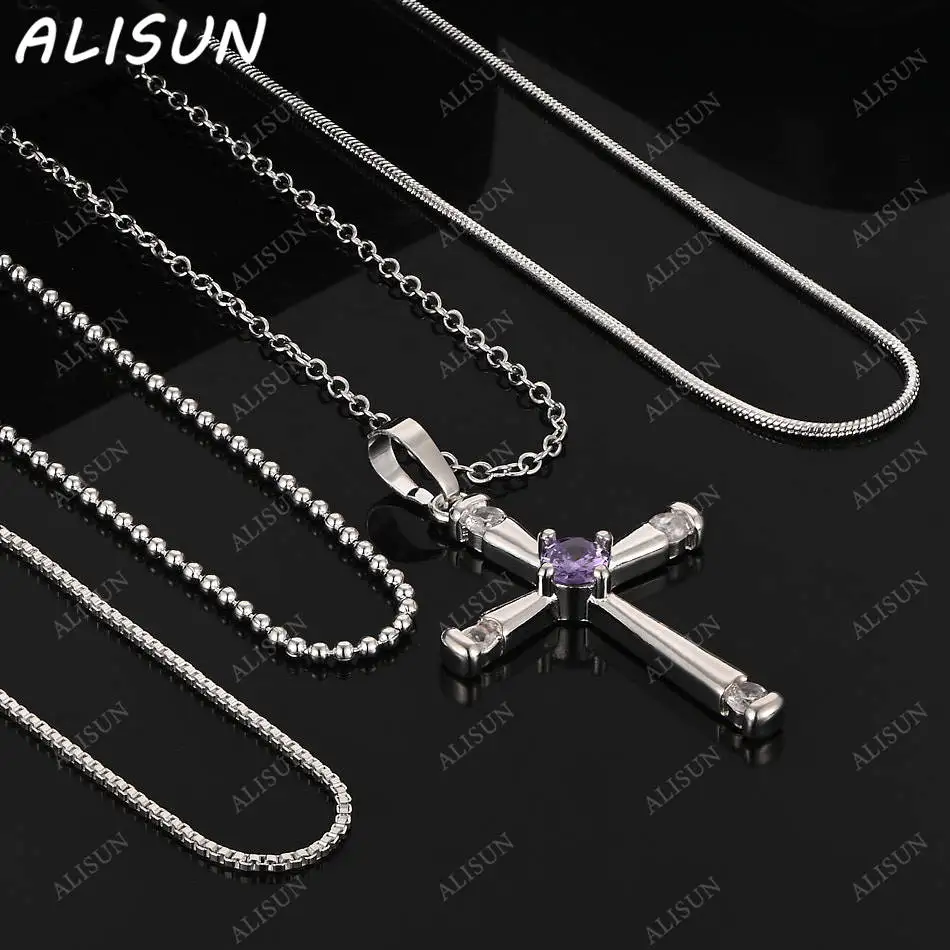 

ALISUN 40-75cm 925 Sterling Silver Purple Zircon Cross Pendant Necklace For Women Men Gift Popular Wild Fashion Romantic Jewelry