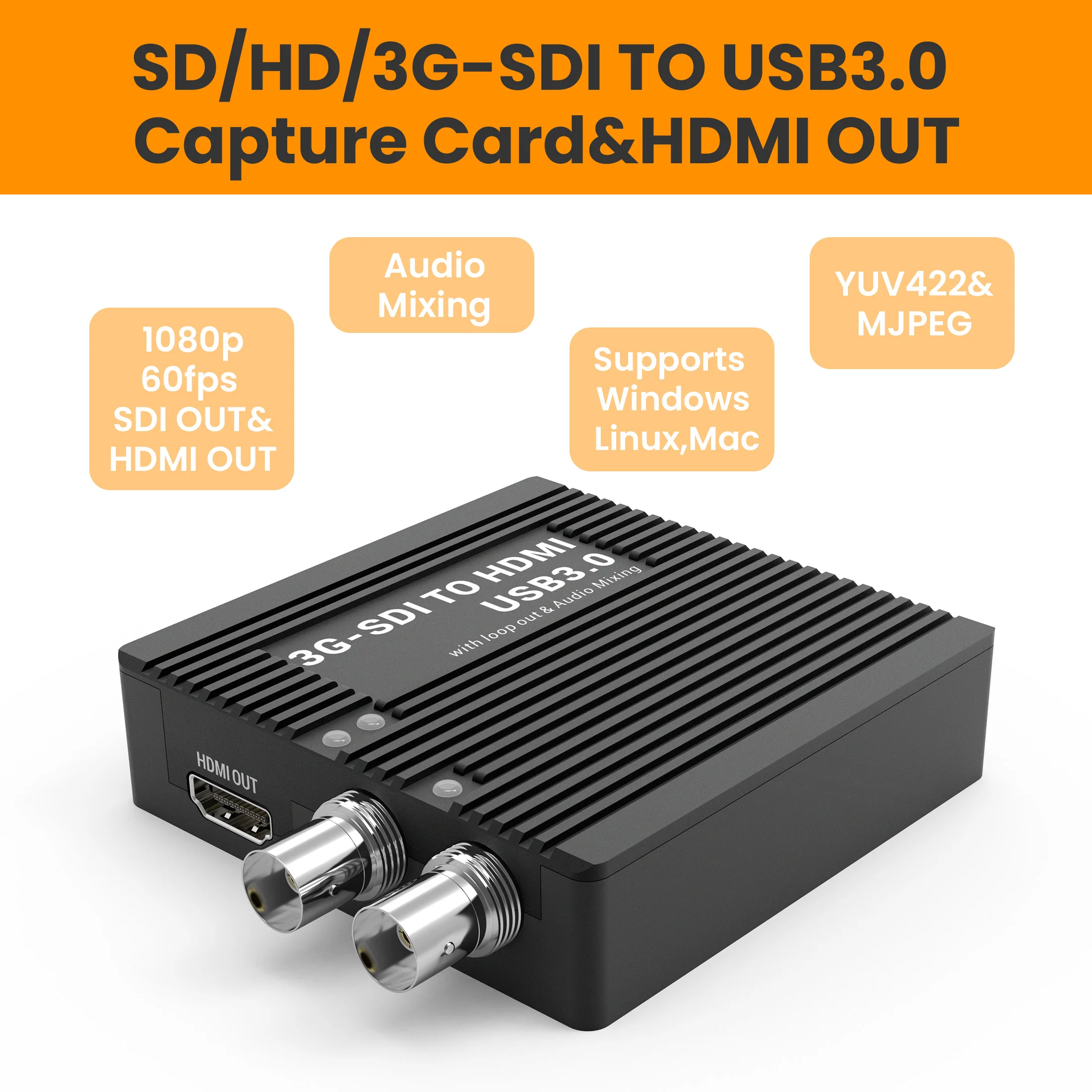 LCC382 SDI TO USB Capture Card USB3.0 1080P 60fps SDI TO HDMI Converter SDI Out&Audio Mixing,SDI2HDMI,SDI TO UVC/UAC,SDI2UVC