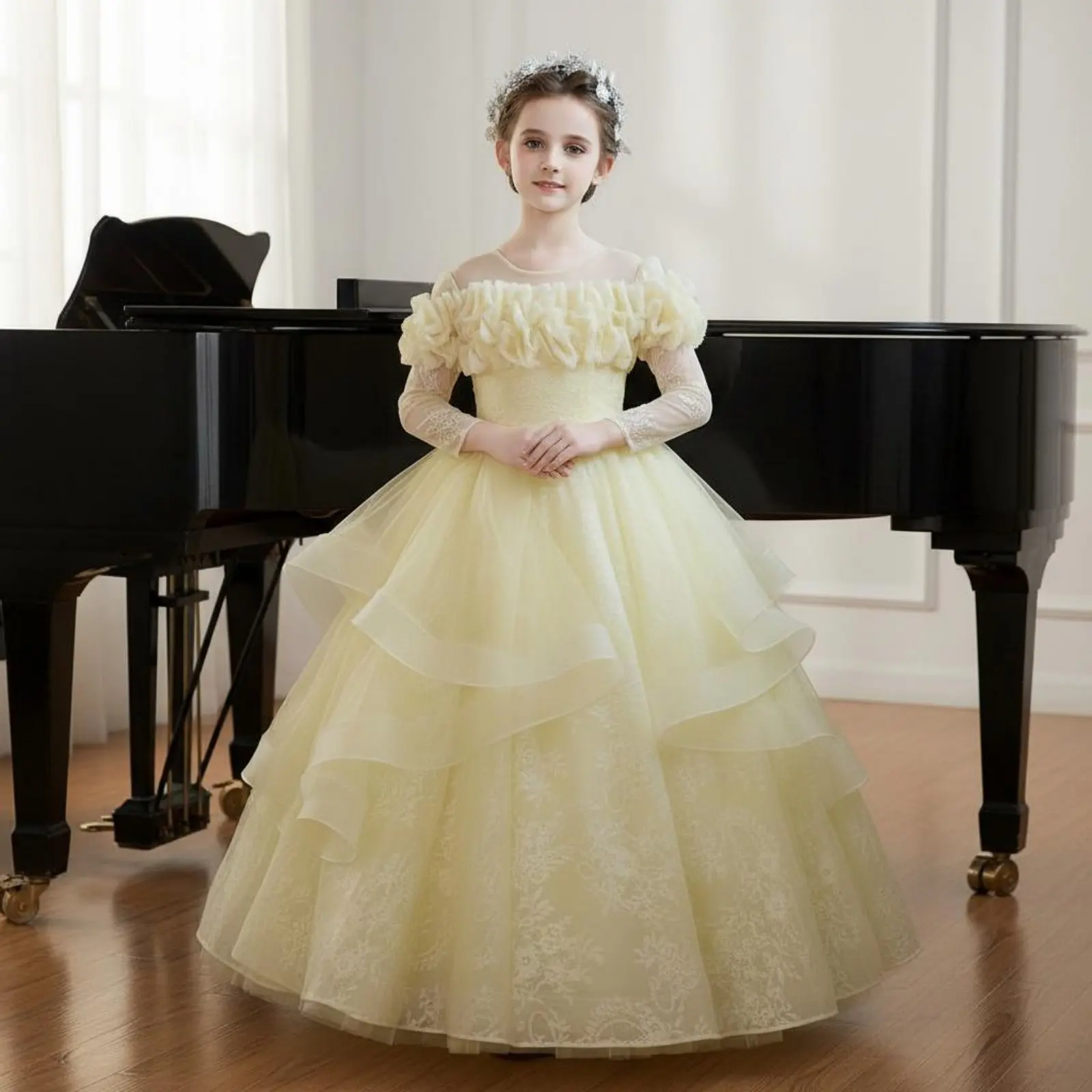 

Full-Length Sleeves Princess Dress Voluminous Skirt Flower Girl Formal Dress Layered Tulle Gown Gown Soft and Comfortable