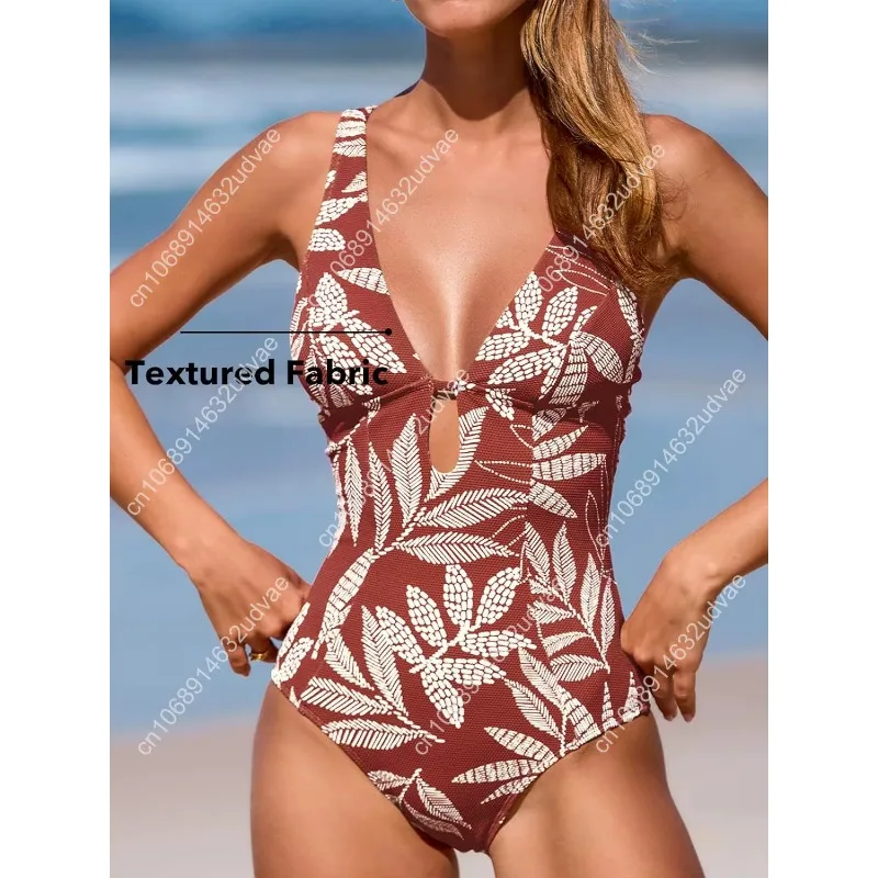 Women's One Piece Swimsuit Deep V Neck Keyhole Cutout O Ring Textured Bathing Suit - view 2