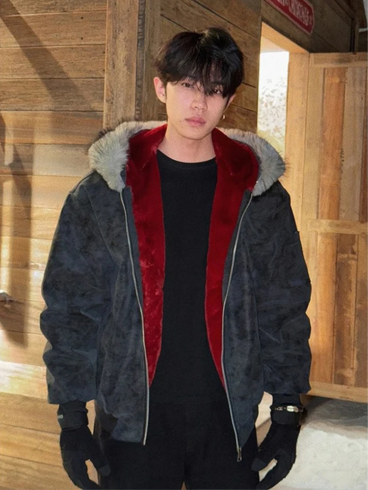 

Bla American Sle Cotton Jaet Men's Winter Warm Fce Lined Hooded PU Leather Cotton Coat with Fur Collar Casual Wear