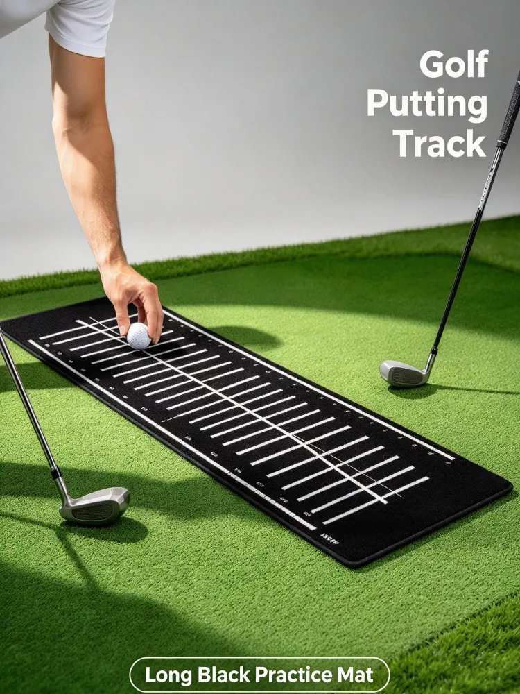 Black Golf Putting Alignment Training Mat, Long Practice Rug with White Guide Distance Markings, Portable Indoor Backyard Gar