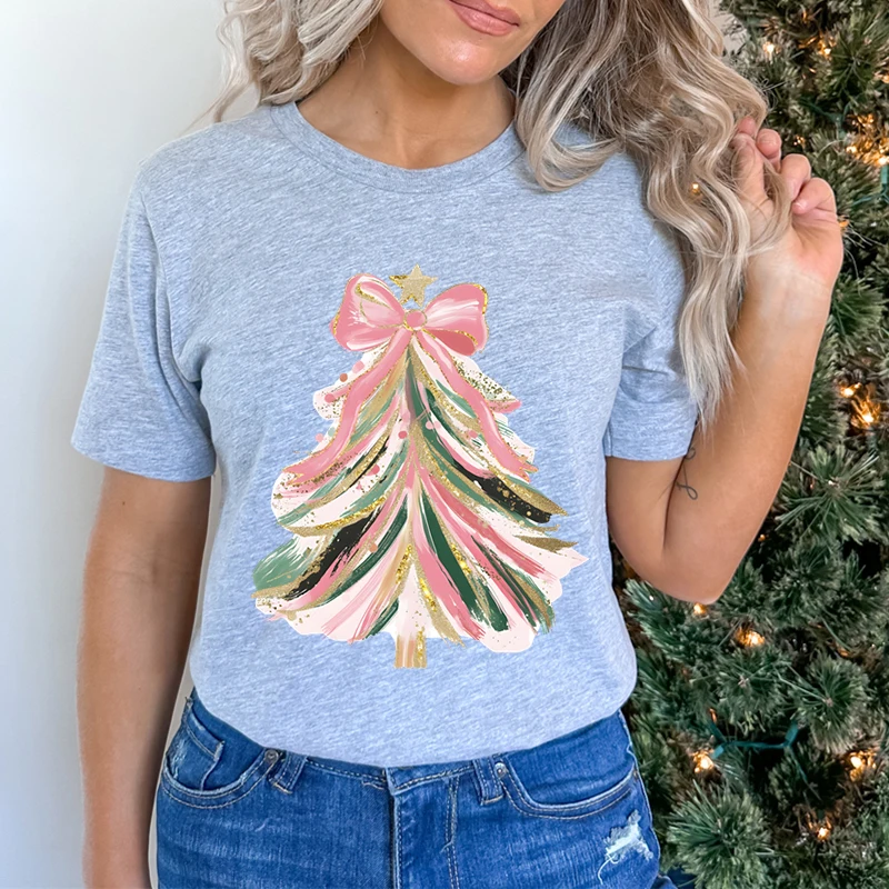 عيد الميلاد تي شيرت المرأة خمر الإبداعية شجرة عيد الميلاد الكلاسيكية خمر عطلة قميص مضحك قصيرة الأكمام طاقم الرقبة عيد الميلاد هدية المحملة