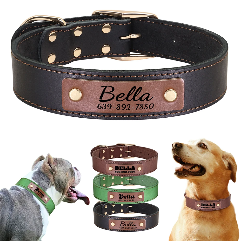 Collar de cuero personalizado para perros, collares para perros personalizados, Collar de cuero genuino para mascotas para perros medianos y grandes, impresión gratuita, teléfono con nombre de mascota