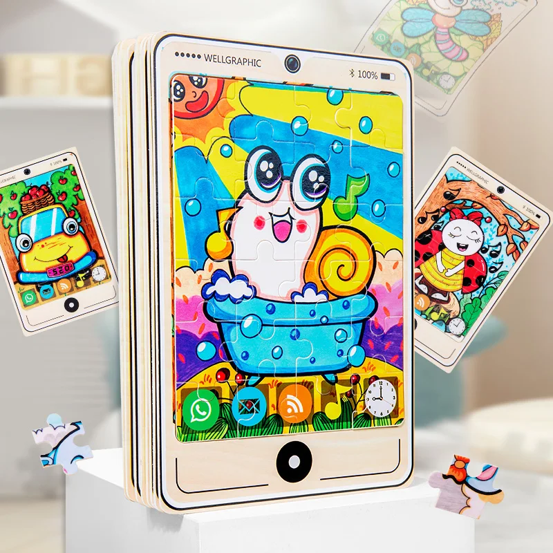 1pc Phone Model Wooden Puzzles for Kids Cartoon Animal Jigsaw Children Early Learning Educational Toys Montessori Games Gifts