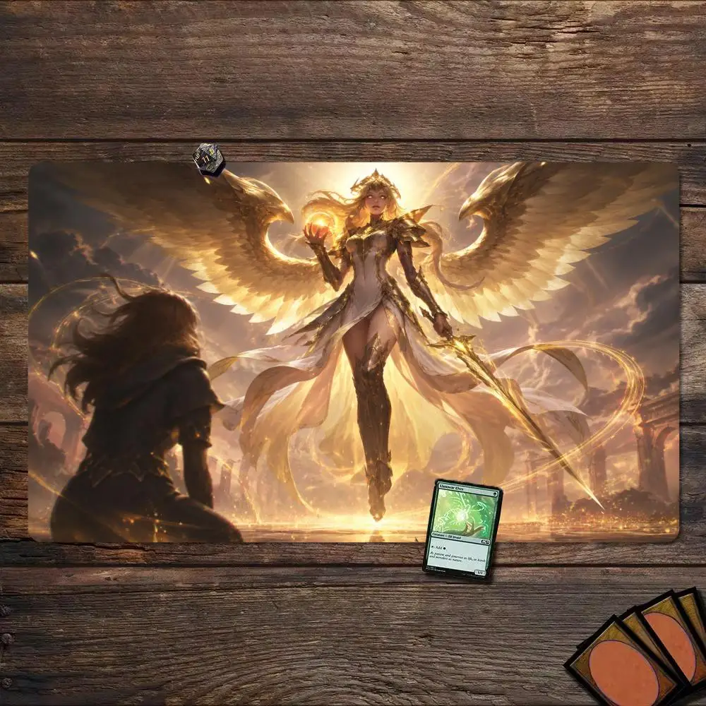 Игровой коврик Golden Winged Holy Angel TCG 35X60CM, светящийся коврик для битвы в стиле древних руин, нескользящий, прочный, с прошитыми краями, для настольных игр.
