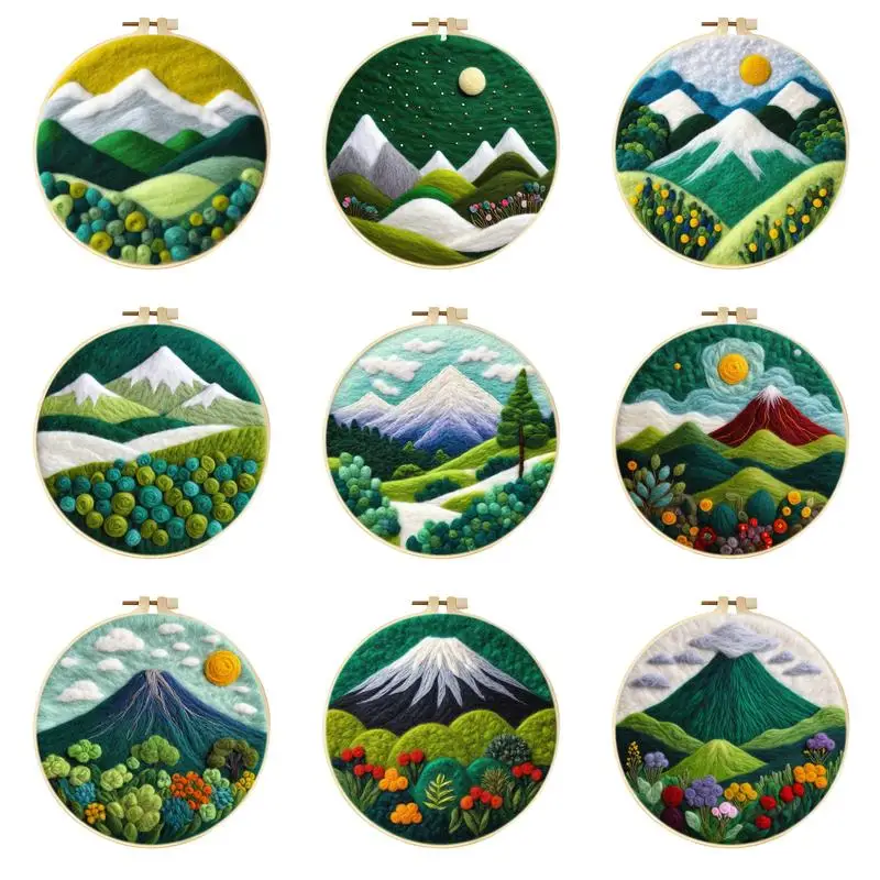 CHENISTORY﻿ ﻿Wool Felting DIY Kit with Embroidery Hoop Green Mountain Creative Needle Felting Painting,Handcraft Home Decor Gift