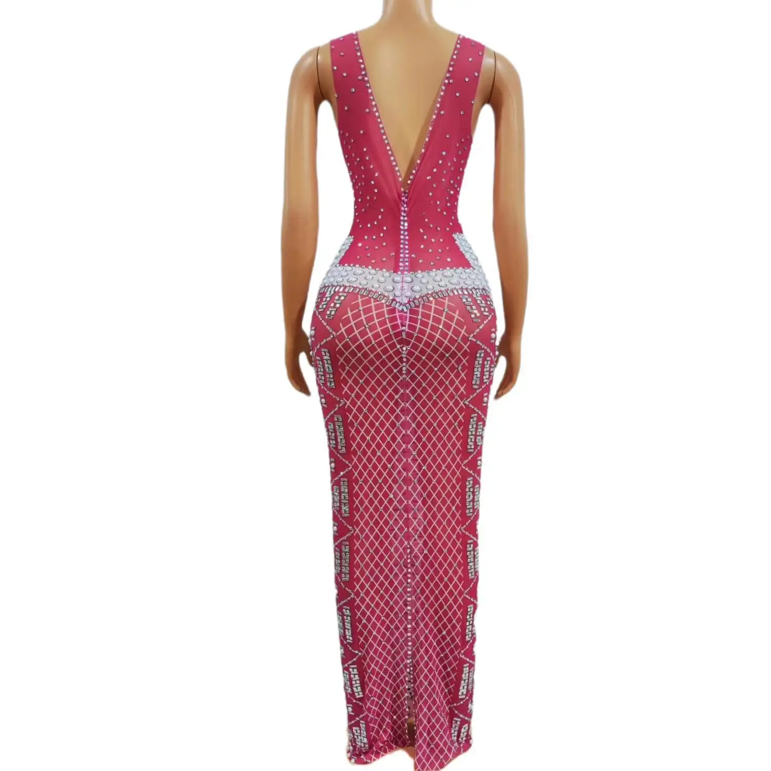 Fenhongshijia Luxury Fuchsia Mesh Mixed Pearl Baguette Rhinestone Maxi Dress Ladies Sleeveless Bodycon Night Out Prom Gowns