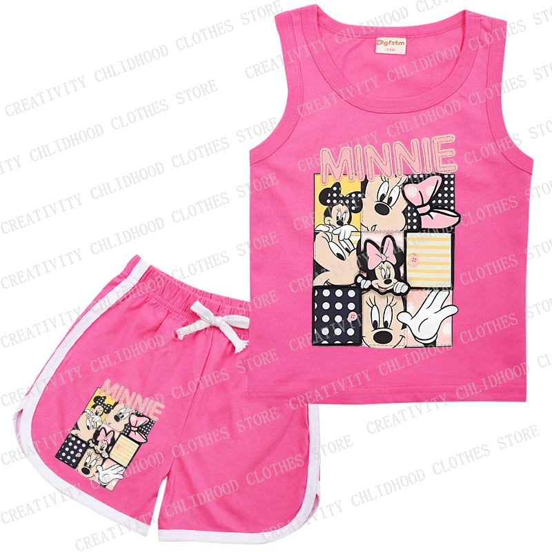 Fato esportivo sem mangas Disney para crianças, Mickey Mouse, colete e shorts Minnie Kids, roupas de desenhos animados casuais, conjuntos menino e menina, verão